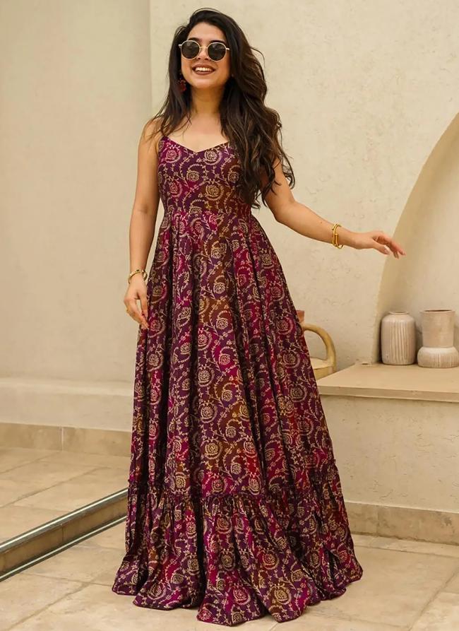 Heavy Rayon Purple Festival Wear Printed Readymade Gown